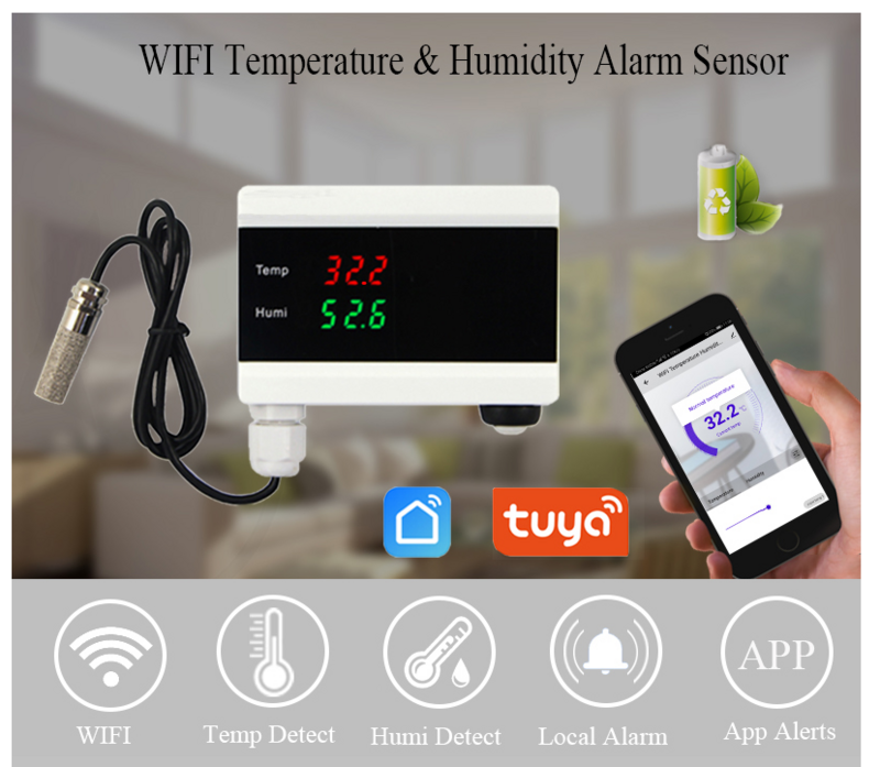 ل Tuya الذكية درجة الحرارة الرطوبة جهاز استشعار إنذار ميزان الحرارة الرطوبة كاشف المنزل شاشة ديجيتال أندرويد App تنبيه
