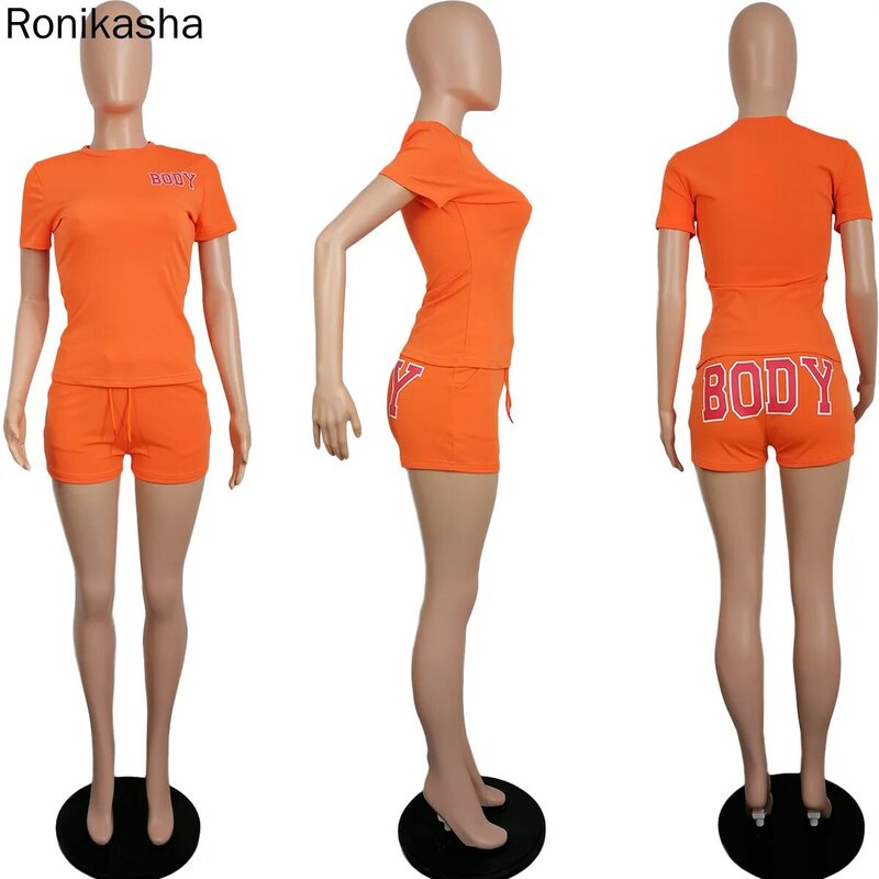 Roniksha ملابس الصيف المرأة عادية رسالة طباعة الجسم قصيرة س الرقبة كم الشارع الشهير بدلة عدو ملابس رياضية قطعتين مجموعات