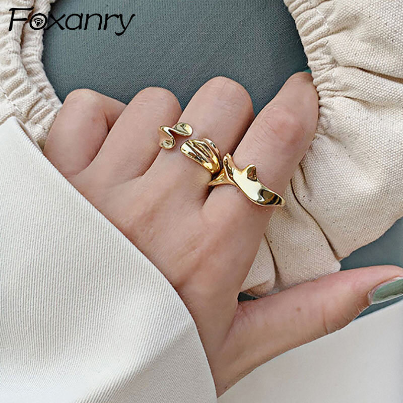 Foxanry-خواتم من الفضة الإسترليني عيار 925 للنساء ، مجوهرات هندسية غير منتظمة مطلية بالذهب ، صناعة يدوية