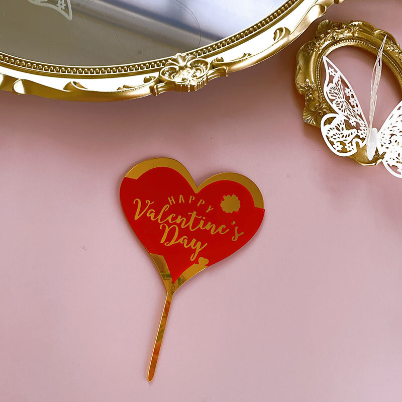 Happy Valentine's Day Acrylic Cake Toppers Golden Love Baking Cake Dessert Toppers for Valentine's Day Party Cake Decor Supplies