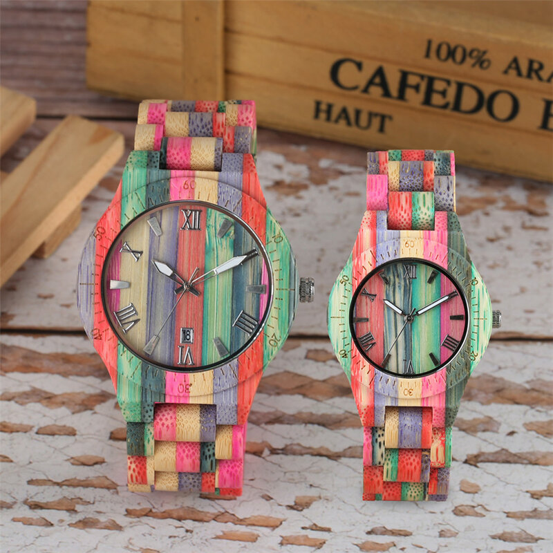 الإبداعية الملونة الخشب ساعة لسيدة الكوارتز خشبية ساعات المعصم فريدة من نوعها الخشب الرجال الساعات الحد الأدنى عرض زوجين ساعة reloj #1