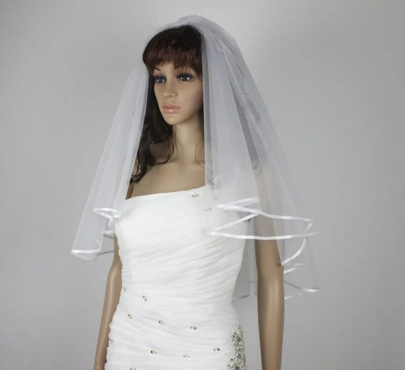 2 الطبقة ضيق الشريط الزفاف الحجاب الأبيض البيج الكوع طول و مشط