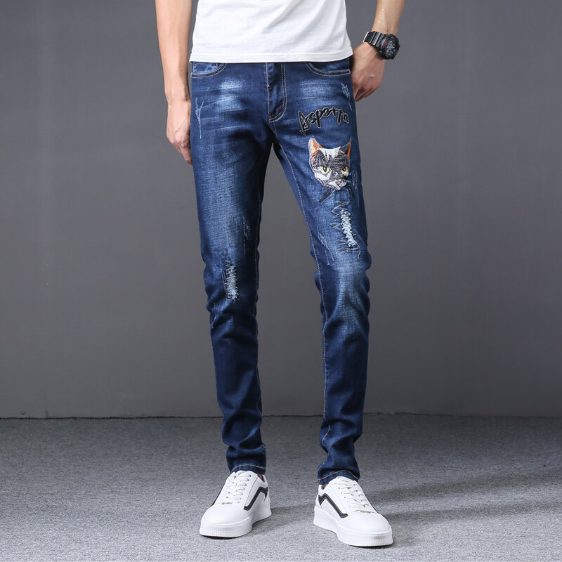 2019 موضة الكورية جينز غير رسمي الرجال العلامة التجارية مستقيم هول ممزق المتعثرة الأزرق مطبوعة أوم سراويل جينز حجم كبير 29-38