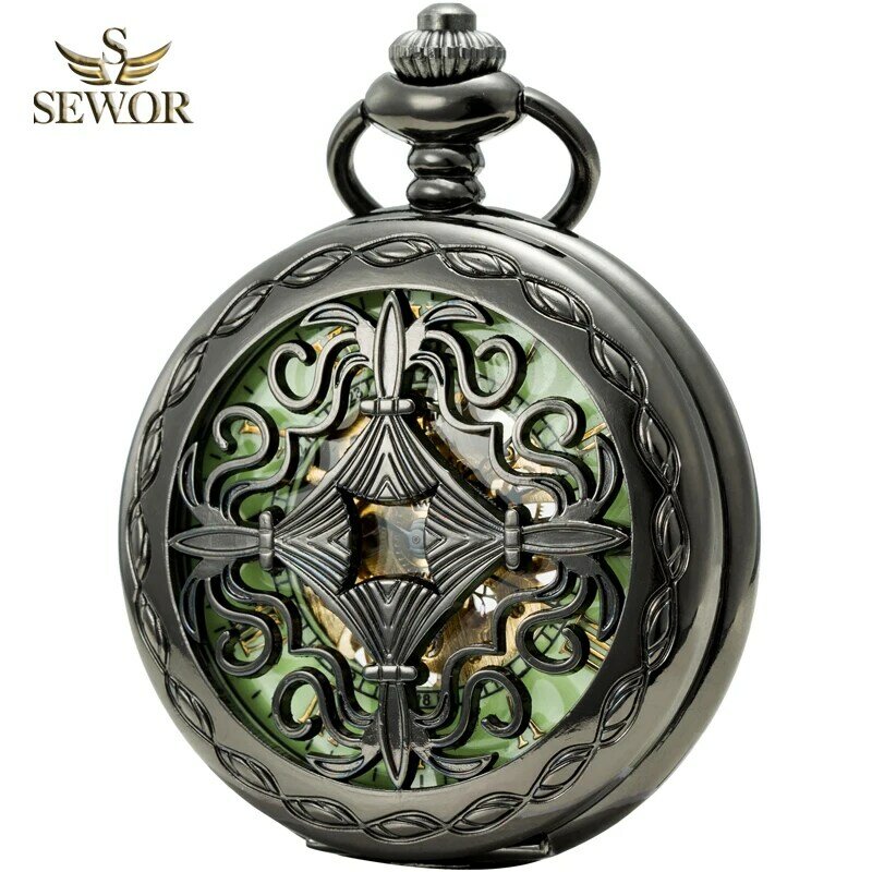 SEWOR-ساعة يد رجالية ، ساعة جيب ، نمط ريترو ، زهرة بنية ، قرص مضيء أخضر ، ميكانيكي ، C202