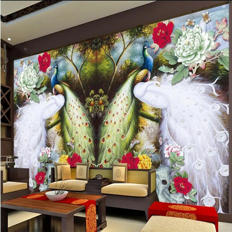 Beibehang-ورق حائط كبير على شكل طاووس ، ورق حائط لغرفة المعيشة وغرفة النوم