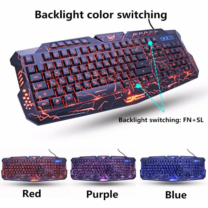 En Game-لوحة مفاتيح وماوس ، مجموعات مع إضاءة خلفية ، كابل USB ، مقاوم للماء ، أزرق ، أحمر ، بنفسجي ، روسي