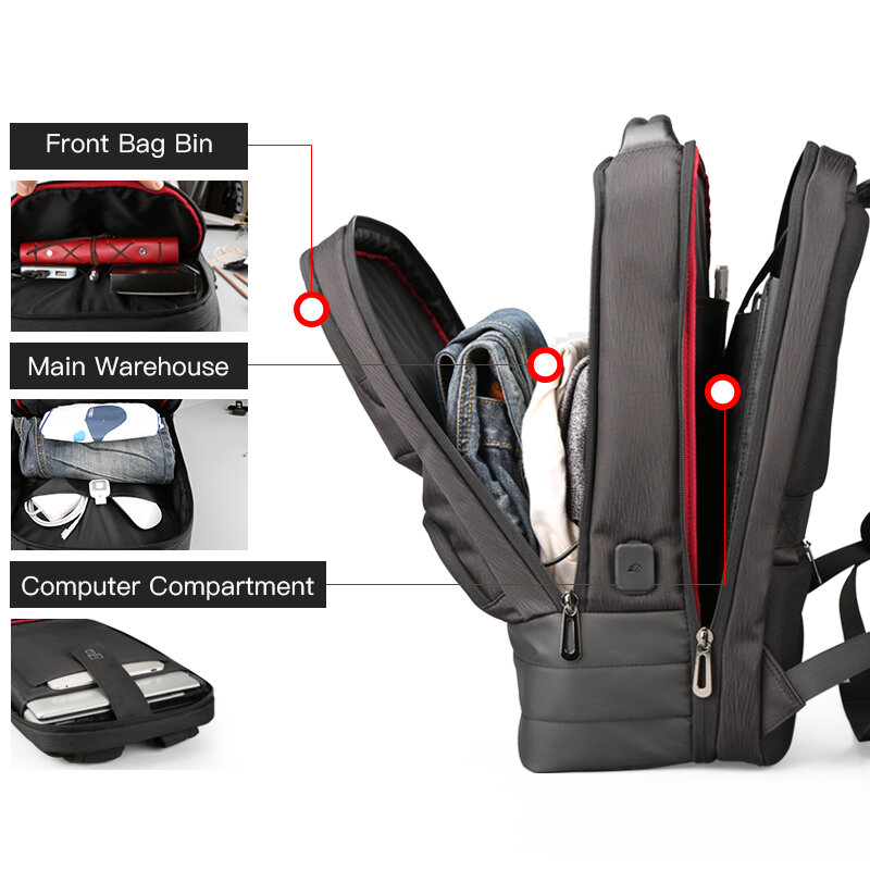 Kingsons-حقيبة ظهر رجالية مقاومة للماء ، حقيبة ظهر للكمبيوتر المحمول مع إعادة شحن USB ، حقيبة كتف للأعمال ، تكنولوجيا سوداء ، 2.0