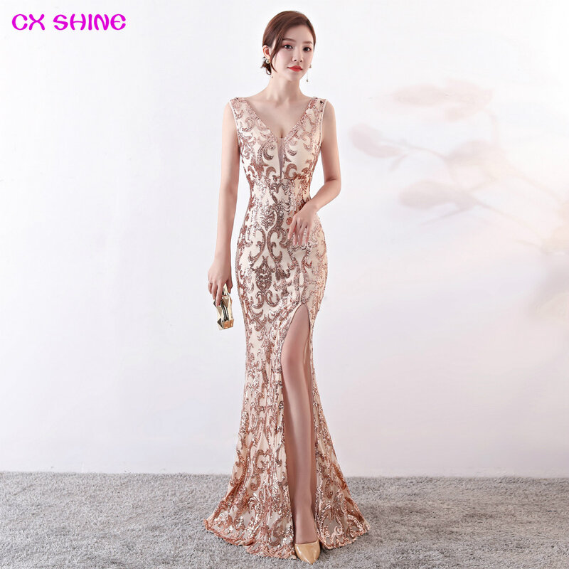 CX SHINE-فستان سهرة ، رقبة على شكل V ، نمط ترتر ، شق ذهبي ، حورية البحر ، بوق ، حفلة موسيقية ، فستان رسمي