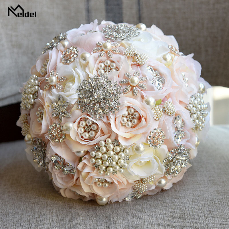 Meldel-باقة الزفاف من الورود الاصطناعية ، مستديرة ، فاخرة ، من الحرير الوردي واللؤلؤ الكريستالي ، لوصيفة العروس #2