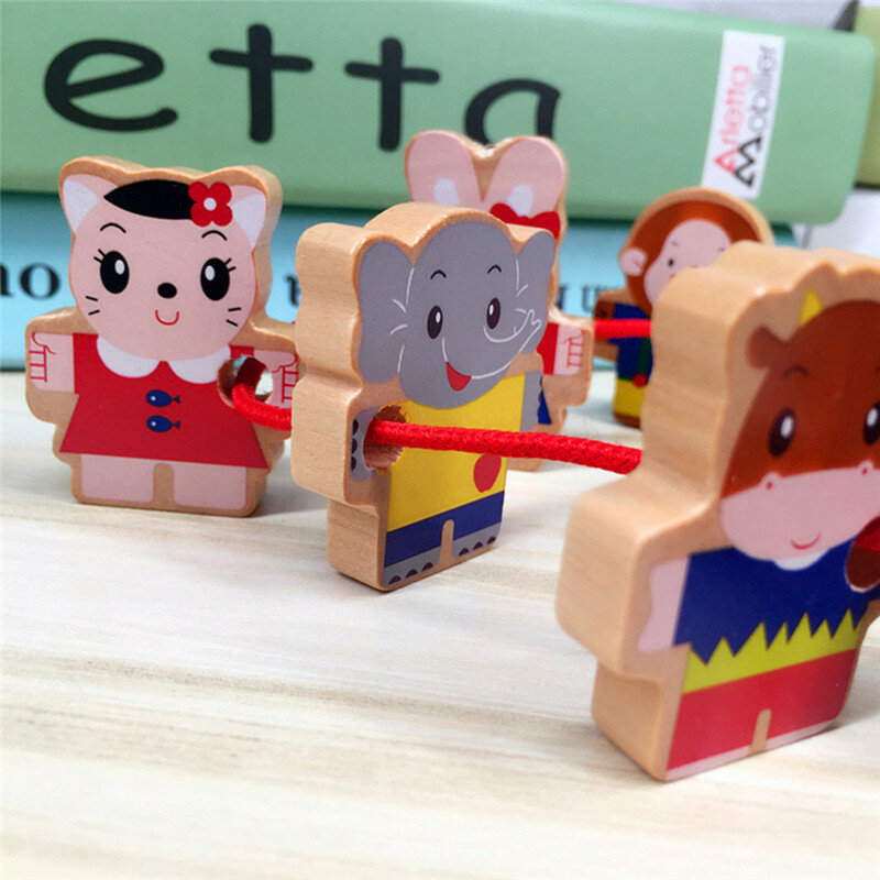 6 قطعة خشبية دمية لعب مختلف الحيوان نمط النمر أرنب الخرز اللعب الملونة البسيطة حول الخرز الأطفال التعليمية لعبة للأطفال