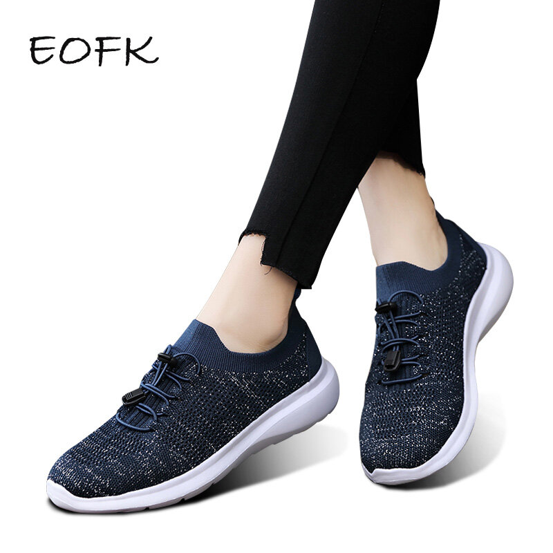 EOFK النساء أحذية رياضية أحذية امرأة 2020 حجم كبير جديد الدانتيل يصل الصلبة المرأة حذاء مسطح تنفس عالية الجودة السيدات الأحذية