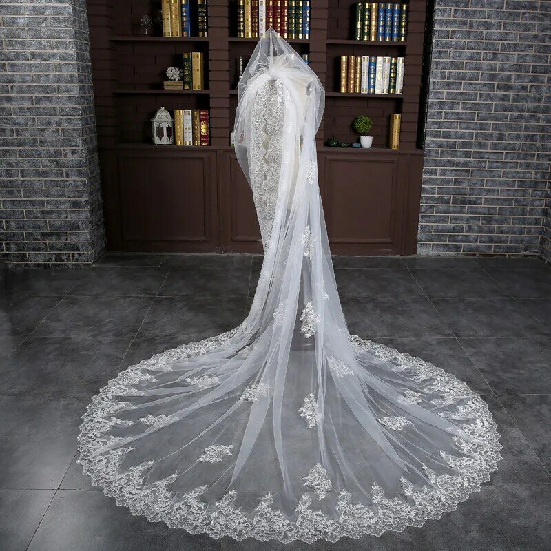 طرحة زفاف من التول مع مشط ، تميمة JaneVini الرومانسية ، طبقة واحدة ، زينة ، أبيض ، حافة مطرزة