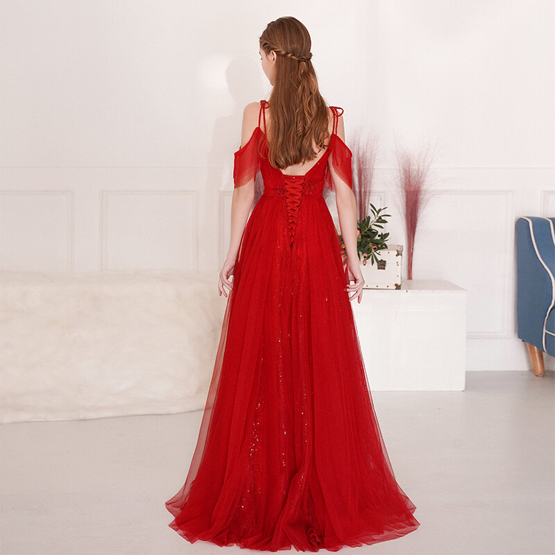 فستان سهرة مطرز بالترتر من التول ، أحمر خمري ، ياقة على شكل v ، أحزمة سباغيتي ، ثوب كرة ، مجموعة 2020