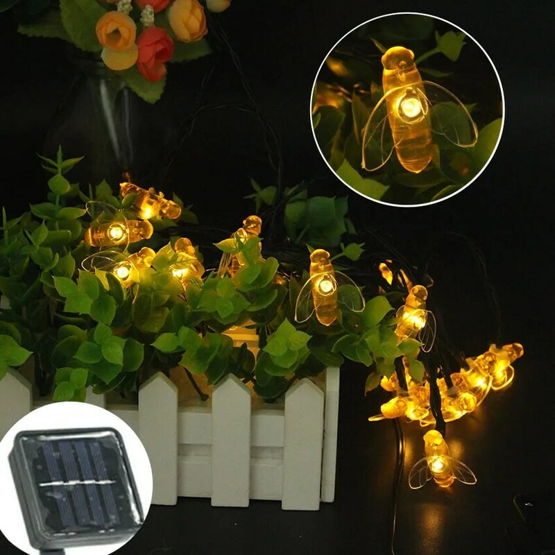 سلسلة إضاءة على شكل نحلة مقاومة للماء تعمل بالطاقة الشمسية ، 20 50 100 200 300 500 LED ، أضواء عيد الميلاد للحديقة