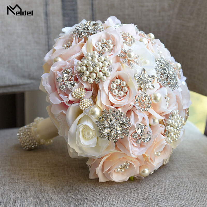 Meldel-باقة الزفاف من الورود الاصطناعية ، مستديرة ، فاخرة ، من الحرير الوردي واللؤلؤ الكريستالي ، لوصيفة العروس