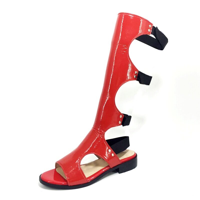 صندل نسائي صيفي من الجلد الصناعي بتصميم كلاسيكي ، حذاء نسائي بطول الركبة ، حذاء أسود مثير ، جزمة رسمية