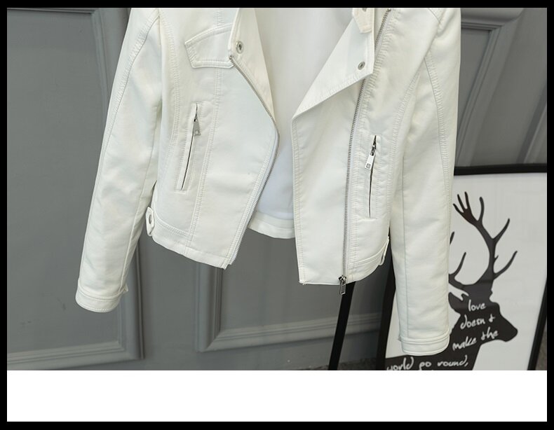 جاكيت نسائي من الجلد الصناعي ، معطف قصير أبيض ، ملابس شبابية ، جاكيت جلد صناعي ناعم K4618