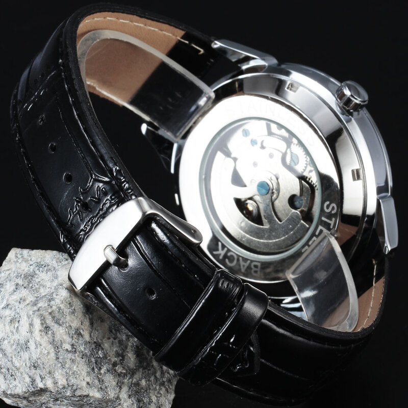 FORSINING-ساعة يد ميكانيكية أوتوماتيكية للرجال ، فاخرة ، هيكل عظمي فضي ، حزام جلدي أسود ، فستان ، ساعة ، مجموعة جديدة 2016 #6