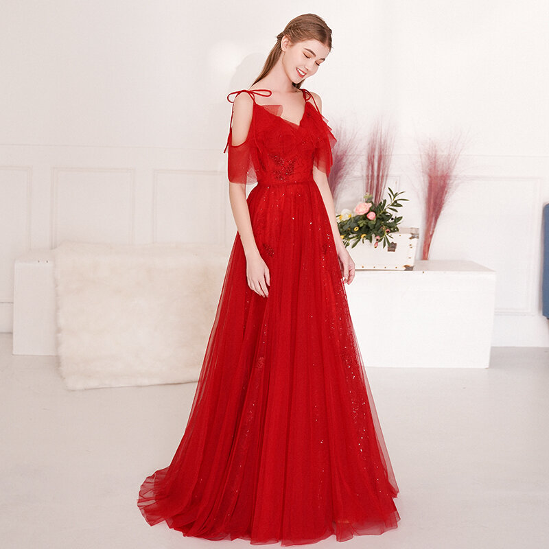 فستان سهرة مطرز بالترتر من التول ، أحمر خمري ، ياقة على شكل v ، أحزمة سباغيتي ، ثوب كرة ، مجموعة 2020