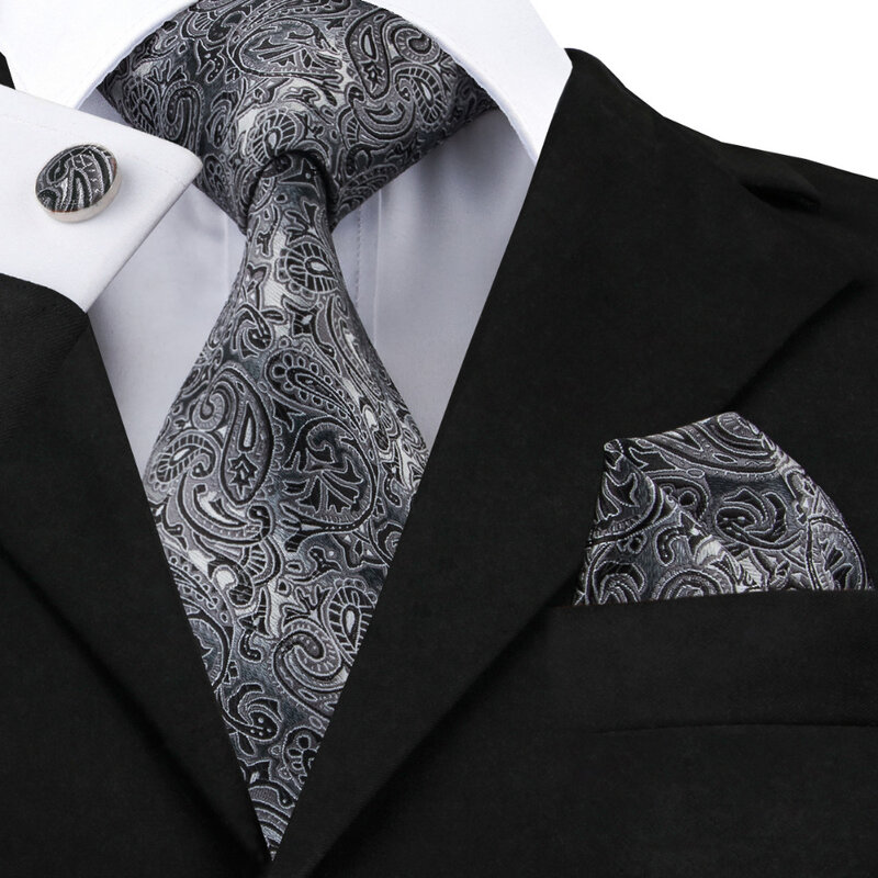 ربطة عنق بيزلي للرجال ، أزرار أكمام ، حرير ، نمط زهري ، رمادي ، أسود ، زفاف ، حفلة ، عريس ، 100%