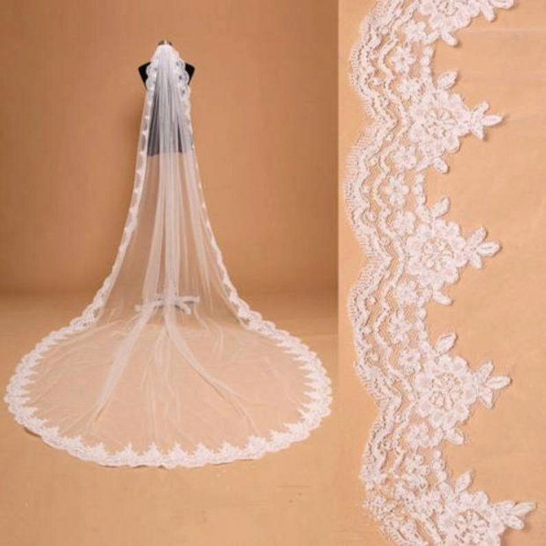 عالية الجودة جميلة طويلة الحجاب مع الدانتيل في حافة الزفاف كاتدرائية الحجاب طرحة زفاف
