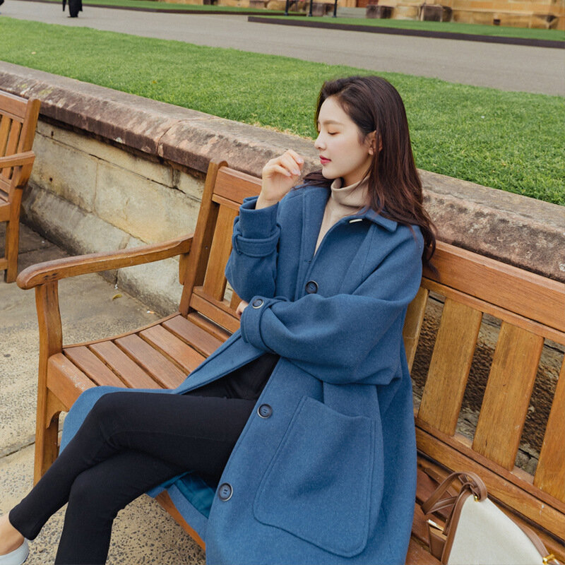 شتاء جديد معطف من الصوف المرأة مقطع طويل النسخة الكورية من سميكة بلون فضفاض سين الصوفية