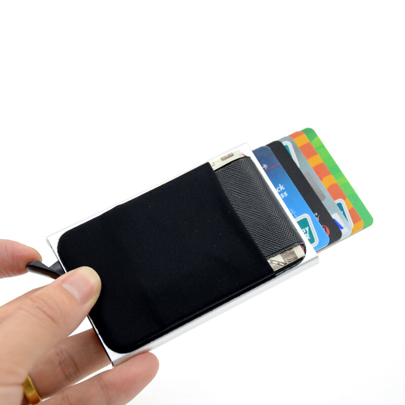 BONAMIE محفظة الألومنيوم ضئيلة مع مرونة الظهر الحقيبة معرف حامل بطاقة الائتمان محفظة بشريحة RFID صغير التلقائي المنبثقة بطاقة البنك