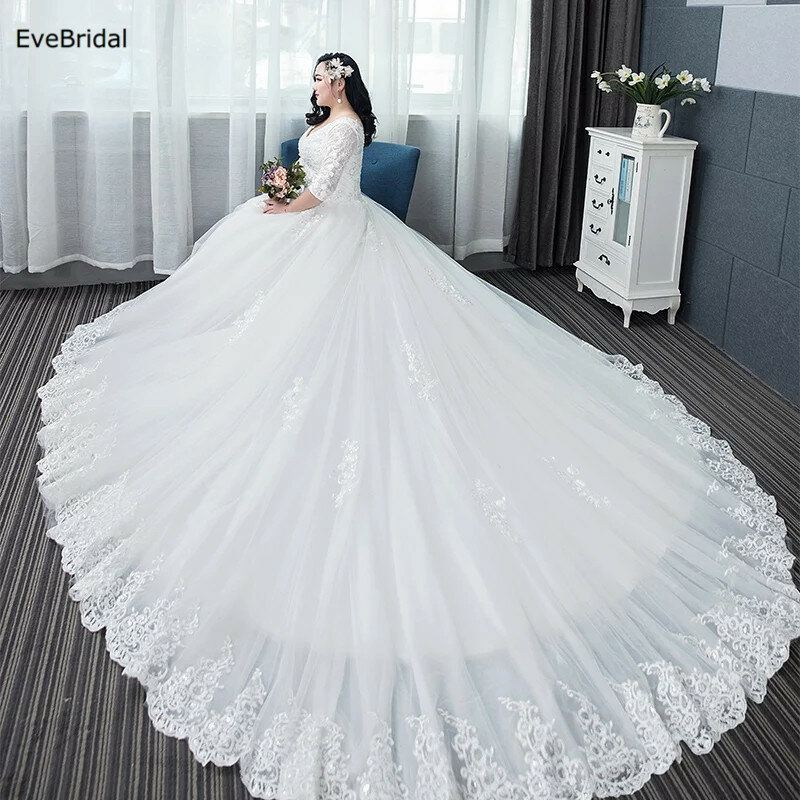 Evebride-فستان زفاف ، مقاس كبير ، طول الأرض ، ذيل مصلى مزين بالخرز ، خط رقبة قارب ، 3/4 كم