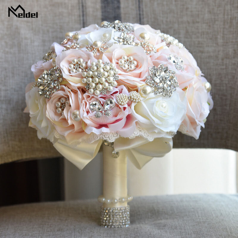 Meldel-باقة الزفاف من الورود الاصطناعية ، مستديرة ، فاخرة ، من الحرير الوردي واللؤلؤ الكريستالي ، لوصيفة العروس #1