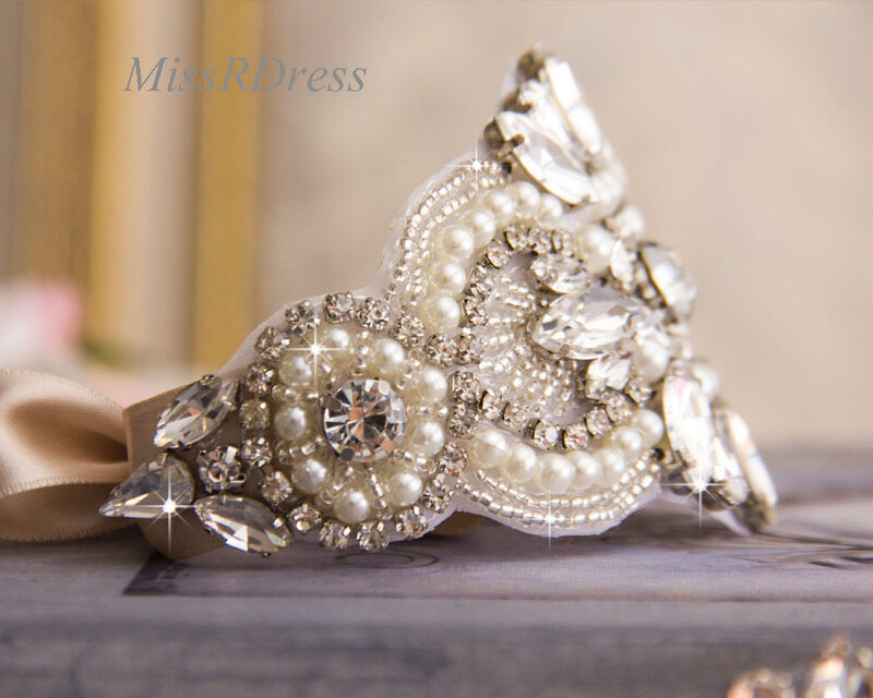 MissRDress اليدوية الزفاف الكفة سوار حجر الراين الفضة مرصع بالجواهر الزفاف أساور Bridals JK844