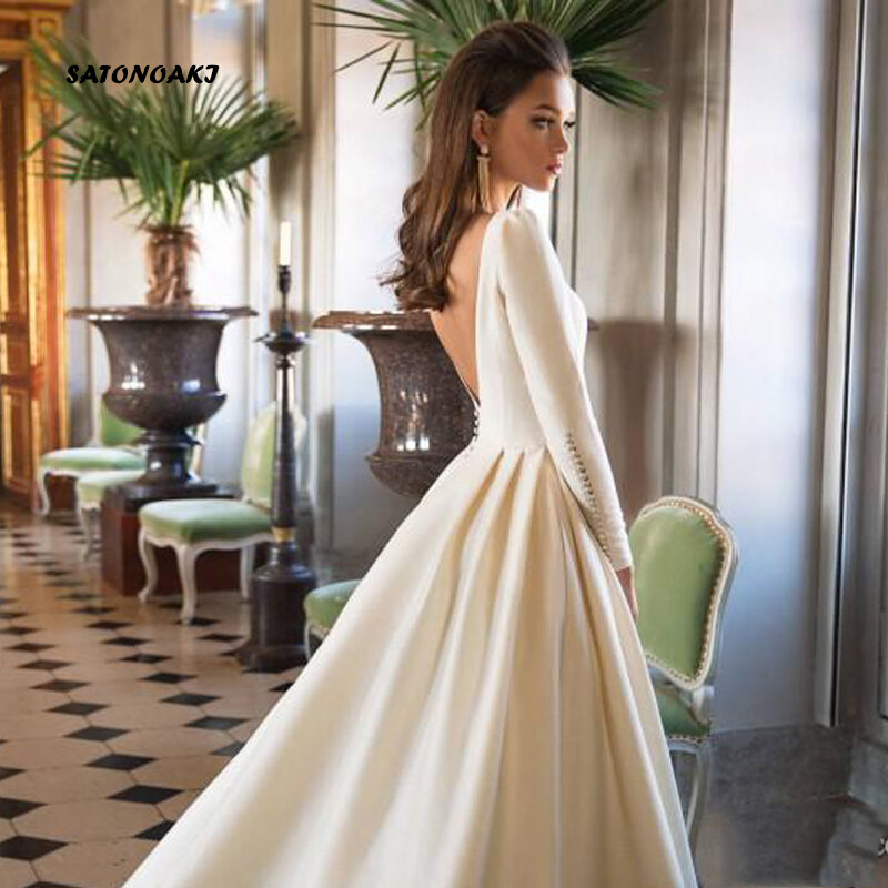 فستان زفاف من Vestidos De Novia بأكمام طويلة من الساتان 2023 للنساء بسيط بدون ظهر Princesa فساتين الزفاف رداء Mariage مصنوع حسب الطلب