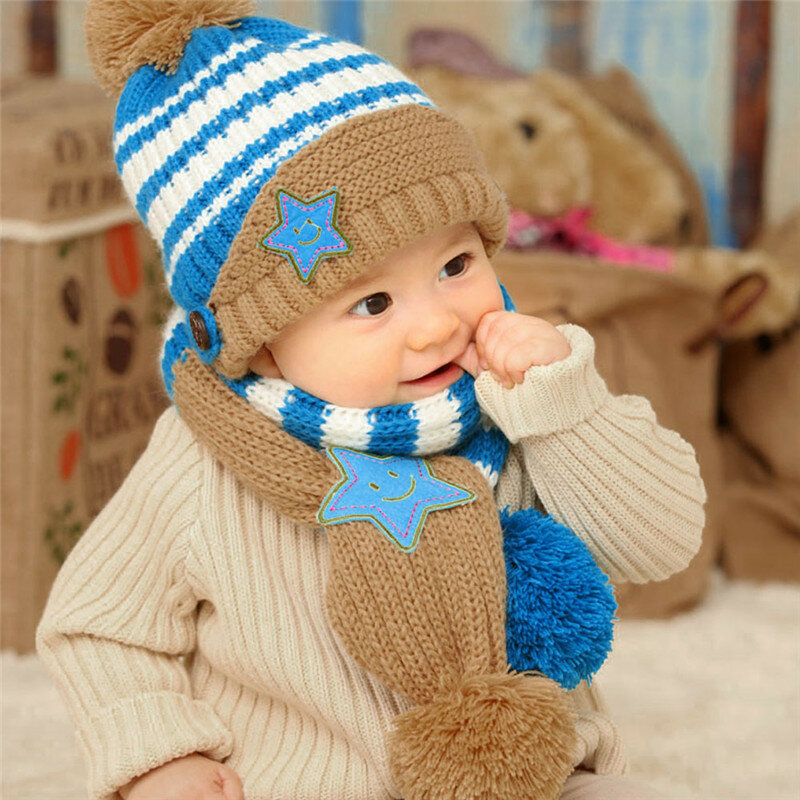 جميل جديد الشتاء الاطفال قبعة ابتسامة ستار طباعة الأطفال Skullies Beanies وشاح طقم قبعات للطفل بنين بنات طفل قبعات منسوجة قبعات