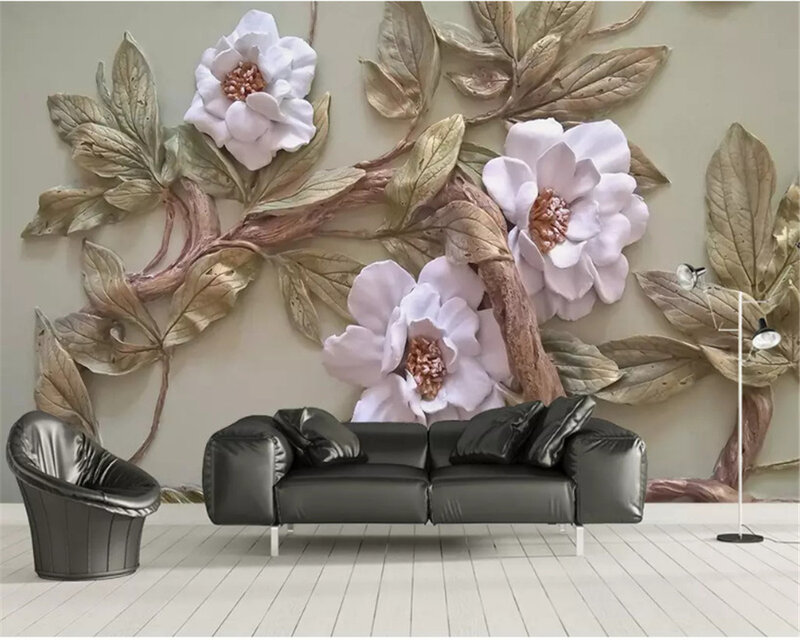 Beibehang مخصص حجم سميكة خلفية ثلاثية الأبعاد تنقش شجرة ورد أريكة التلفزيون الديكور اللوحة papel دي parede ورق الحائط ديكور المنزل