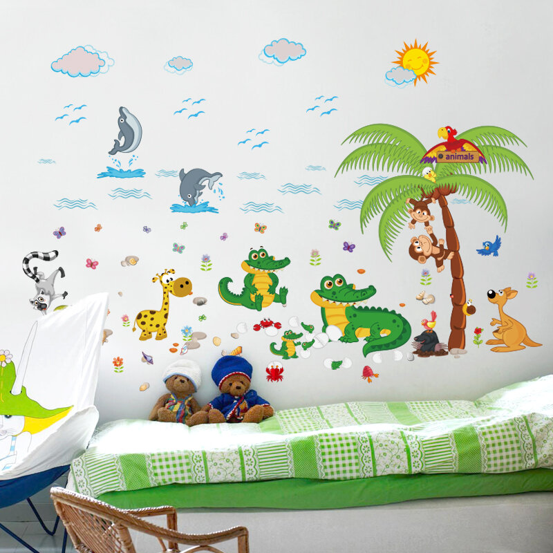 غرفة الاطفال لطيف التمساح ملصقات جدار للإزالة الكرتون قرد شجرة صور مطبوعة للحوائط غرفة نوم الطفل جدار صور