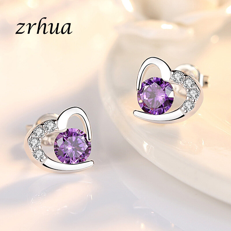 ZRHUA Hot البيع رومانسية مجوهرات فضية اللون وأقراط لل زفاف أنيقة AAA زركون Ture الحب أقراط على شكل قلب
