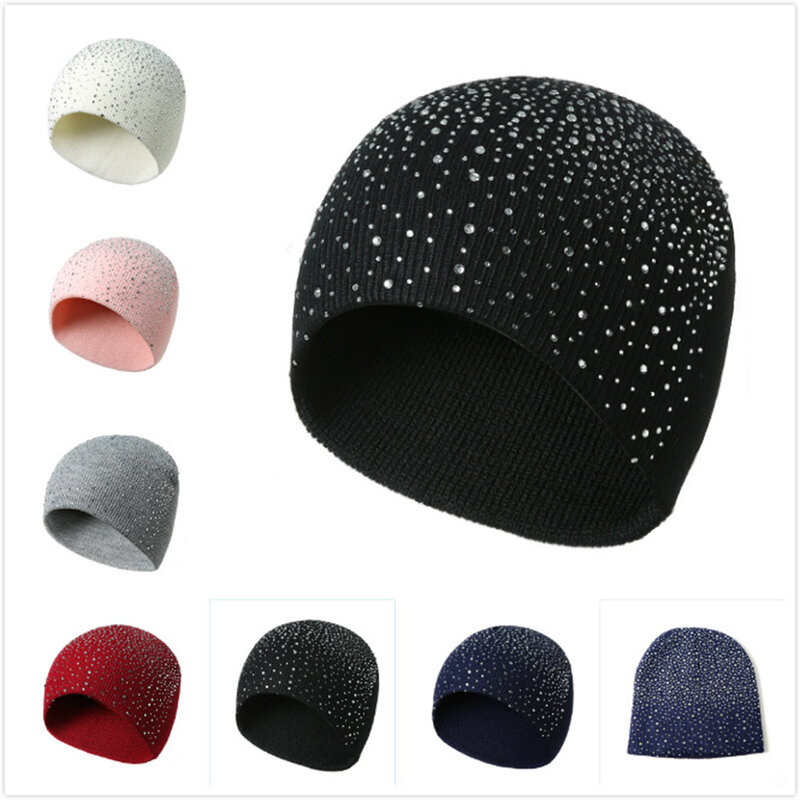 قبعة قطنية مع أحجار الراين للنساء ، قبعة محبوكة ناعمة ، للجنسين ، شتوي وخريفي