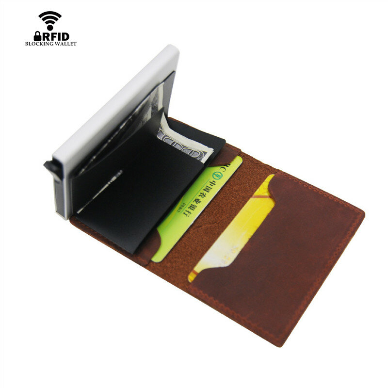 ZOVYVOL جلد أصلي للرجال محفظة الألومنيوم جيب حامل بطاقات التعريف الشخصية تتفاعل حجب محفظة صغيرة البني التلقائي بطاقة الائتمان المحفظة