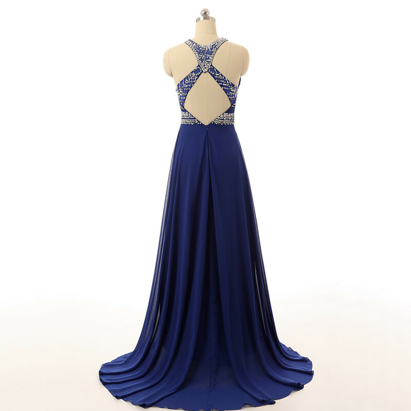 فستان سهرة طويل باللون الأزرق الملكي ، خط a ، ياقة عالية ، خرز شيفون ، رسن ، أنيق ، ثوب كرة