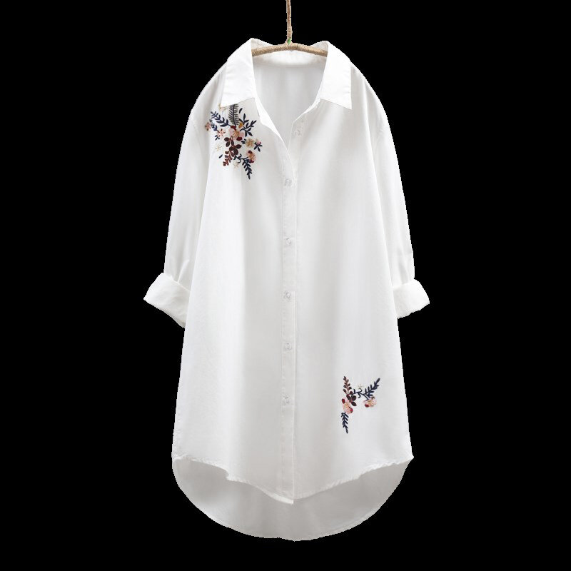 قميص نسائي أبيض بأكمام طويلة ، بلوزة فضفاضة غير رسمية مع تطريز على الطراز الوطني ، ياقة مربعة مفتوحة ، بلوزات ، ربيع 2019 #6