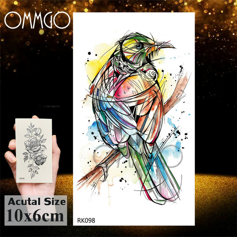 OMMGO-وشم مؤقت بالألوان المائية للرجال والنساء ، وشم مزيف ، كتابات ببغاء ، ملصق ، لمبة ، فن الجسم ، ورقة الذراع