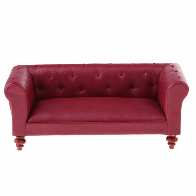 أريكة طويلة من الجلد بتصميم عتيق 12th لبيوت الدمى ملحقات أثاث غرفة المعيشة وغرفة النوم باللون الأحمر
