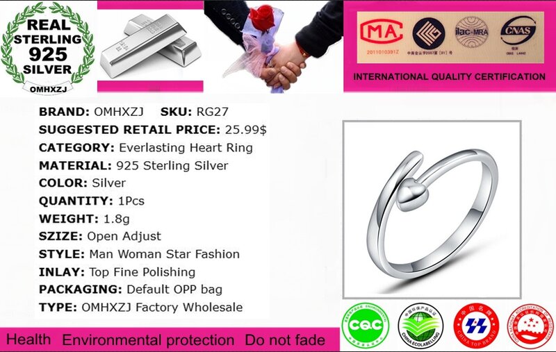 OMHXZJ-خاتم من الفضة الإسترليني عيار 925 مفتوح قابل للتعديل ، هدية لمحبي القلب الأبدي ، بالجملة ، RG27