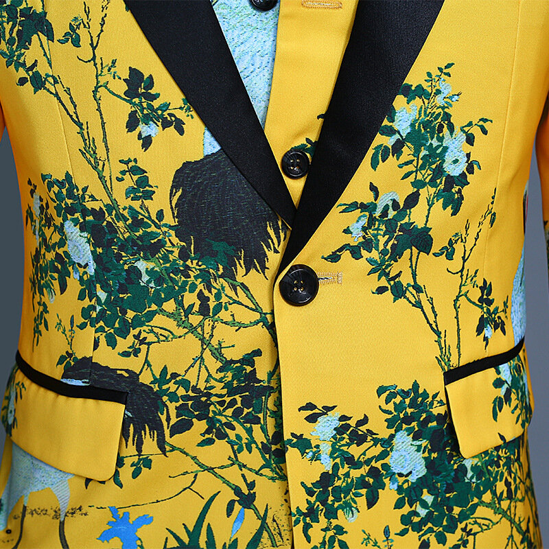 بدلة رجالية وصدرية ثلاث قطع معطف سترة بانت فستان أصفر مطبوع واحدة الصدر النمط الصيني الأصفر رجالي الدعاوى