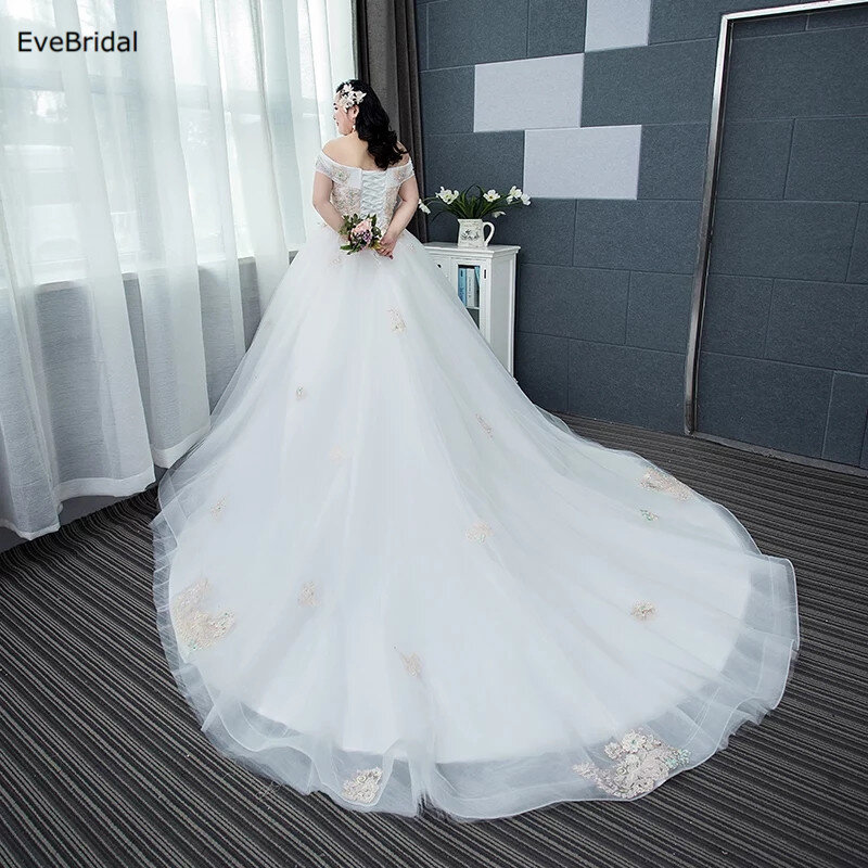 Evebride-فستان زفاف مقاس كبير ، ثوب زفاف ، طول الأرض ، ذيل مصلى مزين بالخرز ، خط رقبة قارب ، أكمام كاب