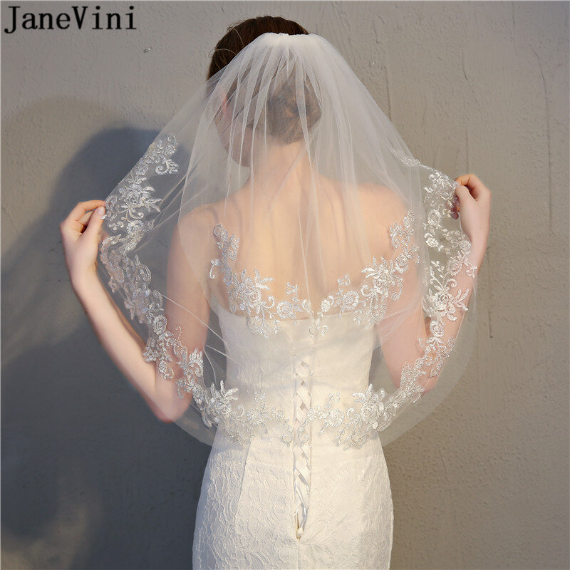 JaneVini-حجاب زفاف قصير عاجي ، أنيق ، طبقتين ، دانتيل ، مزين بحافة ، طول الكوع ، مع مشط ، إكسسوارات الزفاف