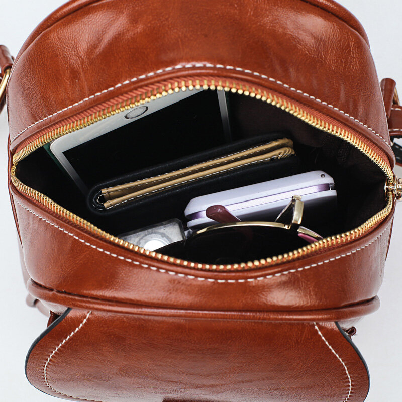 حقيبة ظهر كلاسيكية صغيرة من الجلد مع شمع الزيت للنساء ، حقيبة كتف ، حقيبة مدرسية ، حقيبة سفر عادية