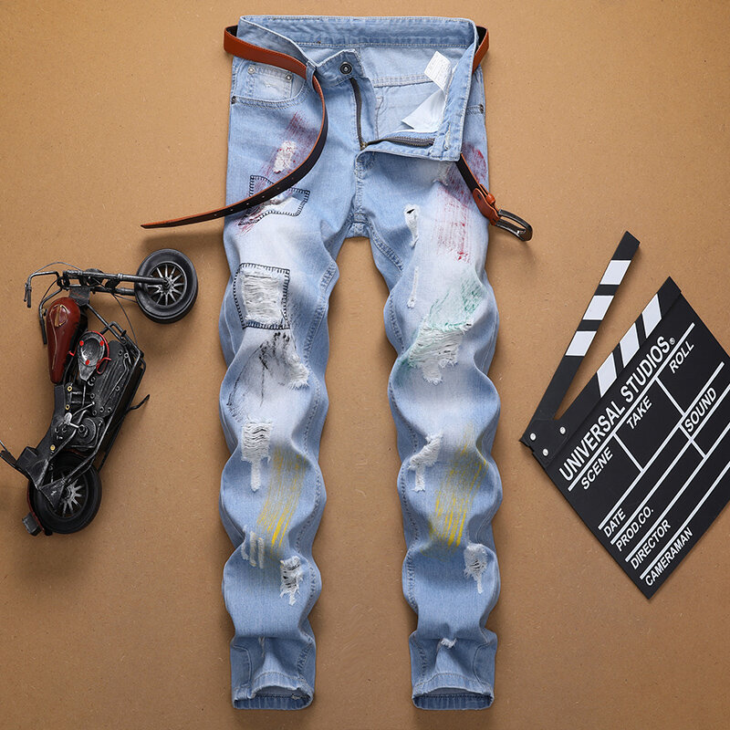 بنطلون جينز أزرق سماوي للرجال ، تصميم جديد على الموضة ، جودة عالية ، ممزق ، مقاس كبير 29-38 ، 2019
