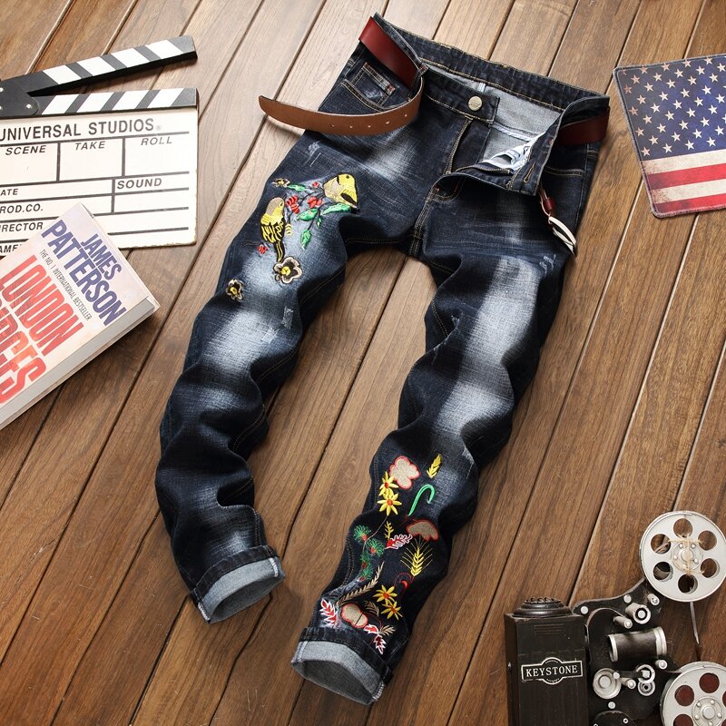 بنطلون جينز رجالي مطرز بالورود ثلاثية الأبعاد ، بنطلون جينز أسود ممزق عتيق ، موضة ، مقاس كبير 29-38 ، 2019