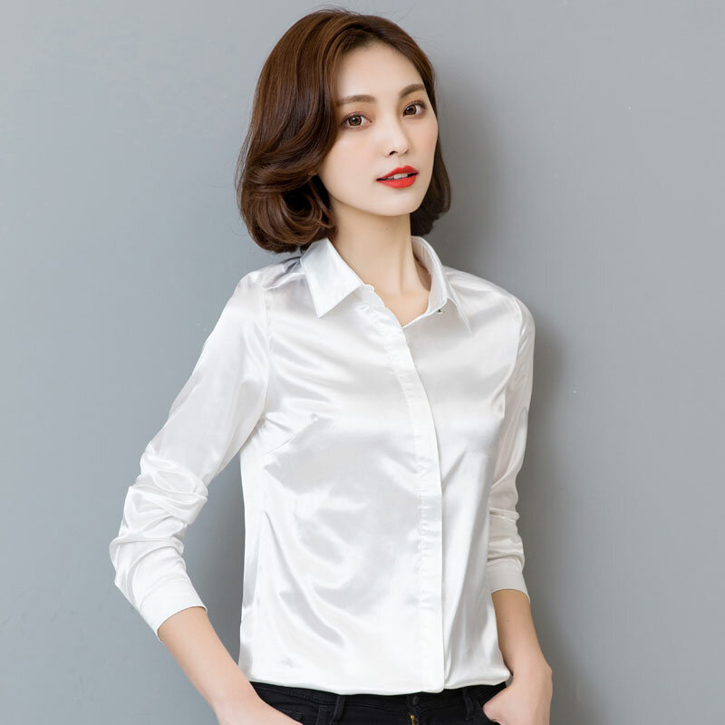 S-XXXL المرأة موضة الحرير الساتان بلوزة زر السيدات رايون بلوزة قميص عادية مكتب أبيض أسود أزرق كم طويل الساتان #3