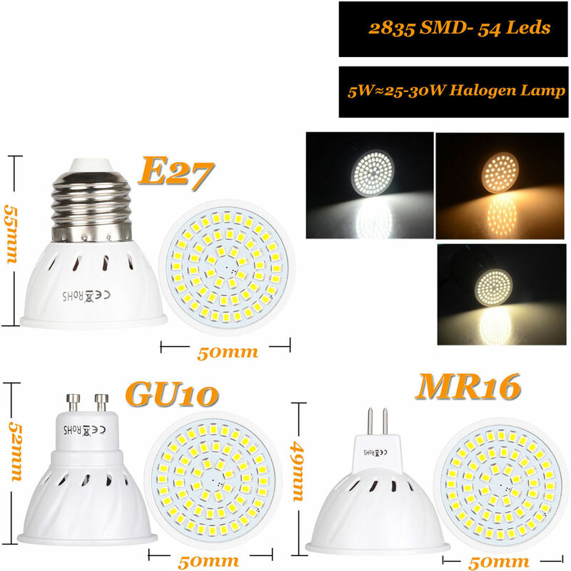 لمبات SMD LED عالية التجويف ، 36/54/72 LED ، 4/6/8W ، E27 ، MR16 ، GU10 AC/DC ، 12/24V ، لمبات الإضاءة ، لا وميض ، 2835 ، رقاقة